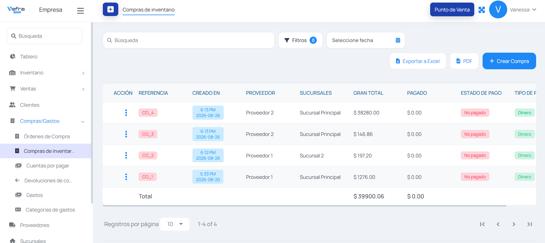 Compras y gastos de Vefra POS