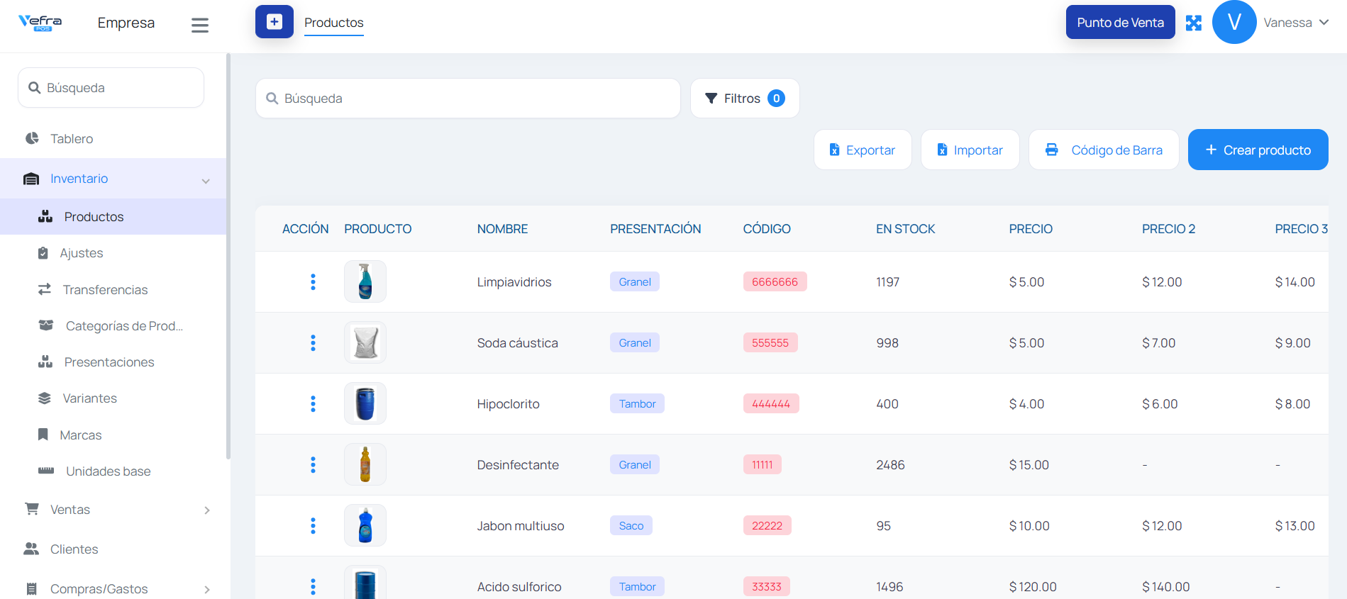 Inventario y catálogo de Vefra POS